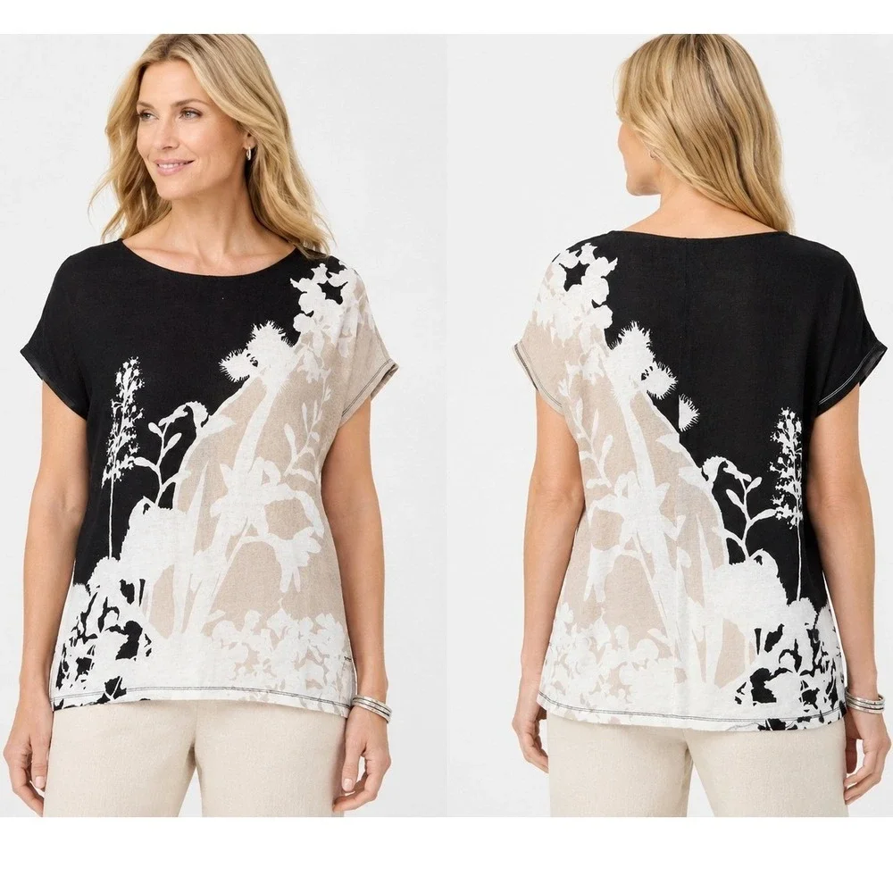 Chico's Linen Top Womens Medium Black Beige Floral Print Cap Sleeve Tee Artsy - Picture 1 of 9